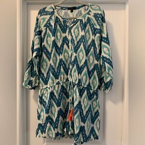 J. Crew Women’s Ikat Design 3/4 Sleeve Romper Size Large Cinch Waist Tassels